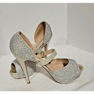 CATHY JEAN Silver Rhinestone Platform Stiletto Open Toe High Heels Size 8.5